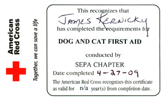 Scan of the front of my Cat and Dog CPR and First Aid certificationcard